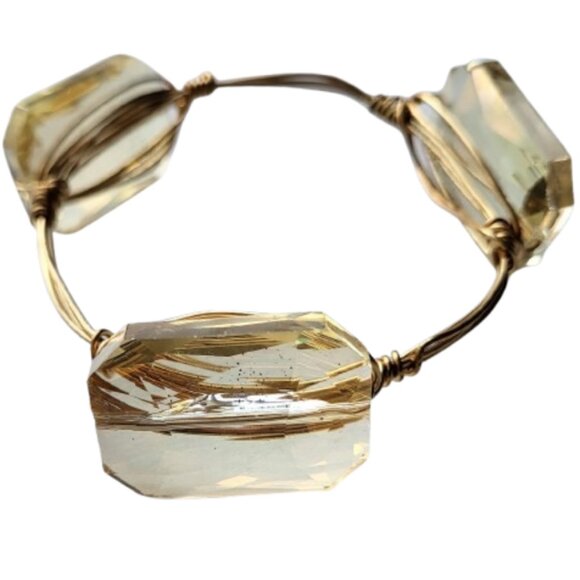 HAND CRAFTED Light Yellow Gold Glass Stone Wire Wrapped Cuff Bangle Bracelet - Picture 4 of 5